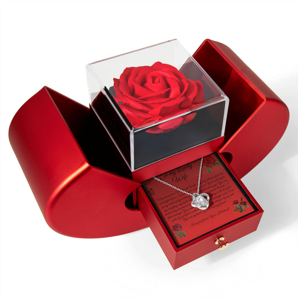 ''To My Lovely Wife'' Love Knot Necklace with Red Heart Rose Box