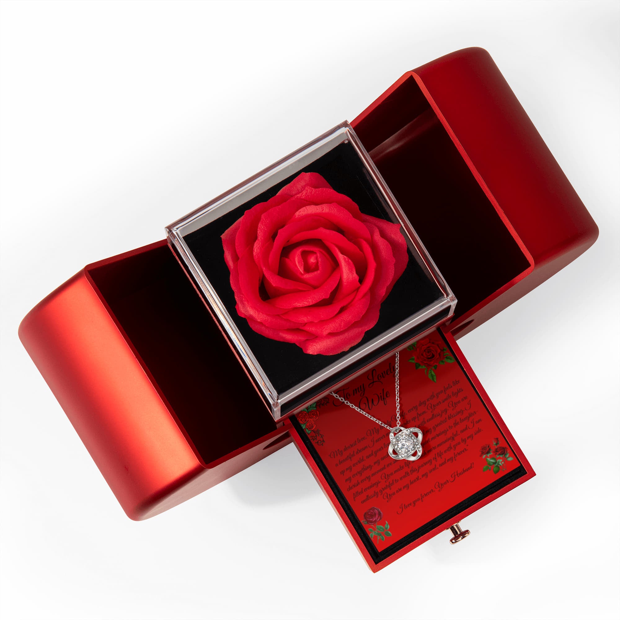 ''To My Lovely Wife'' Love Knot Necklace with Red Heart Rose Box