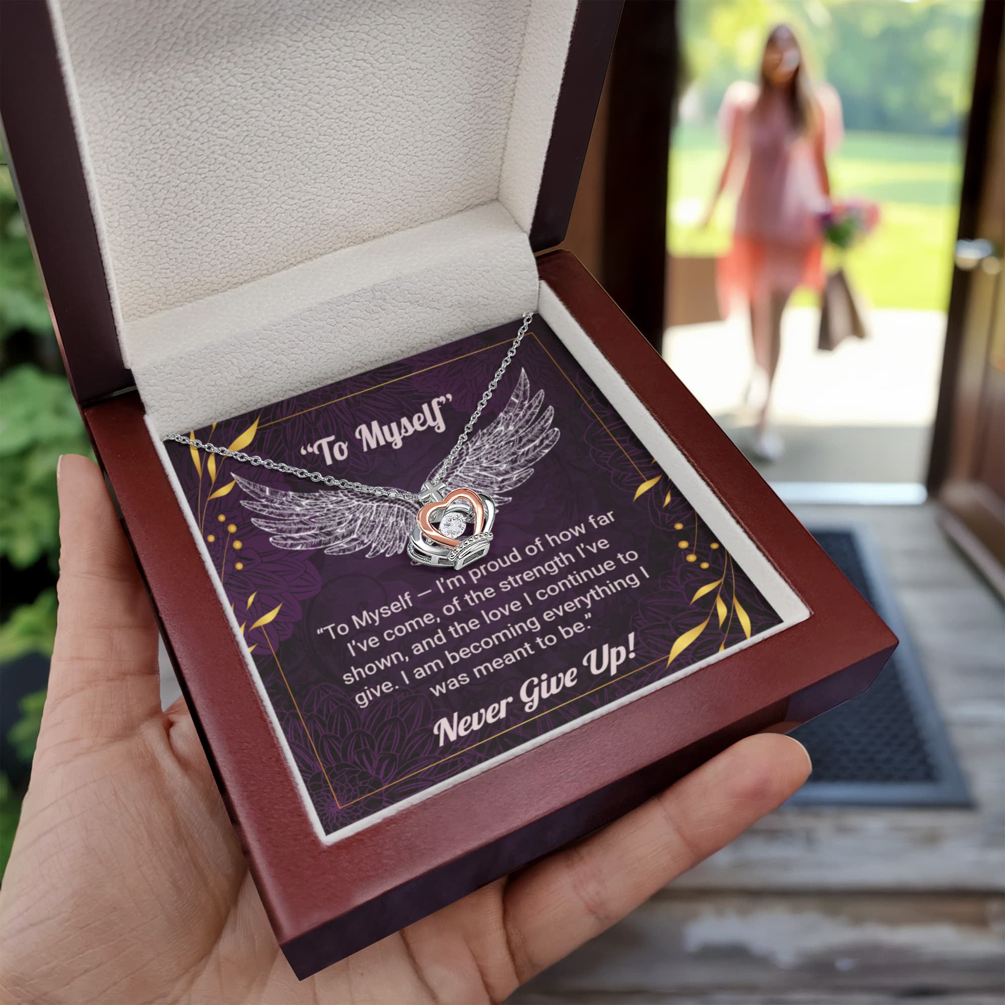 Elegant Crown Pendant Necklace – “To Myself” Self-Love Message Gift