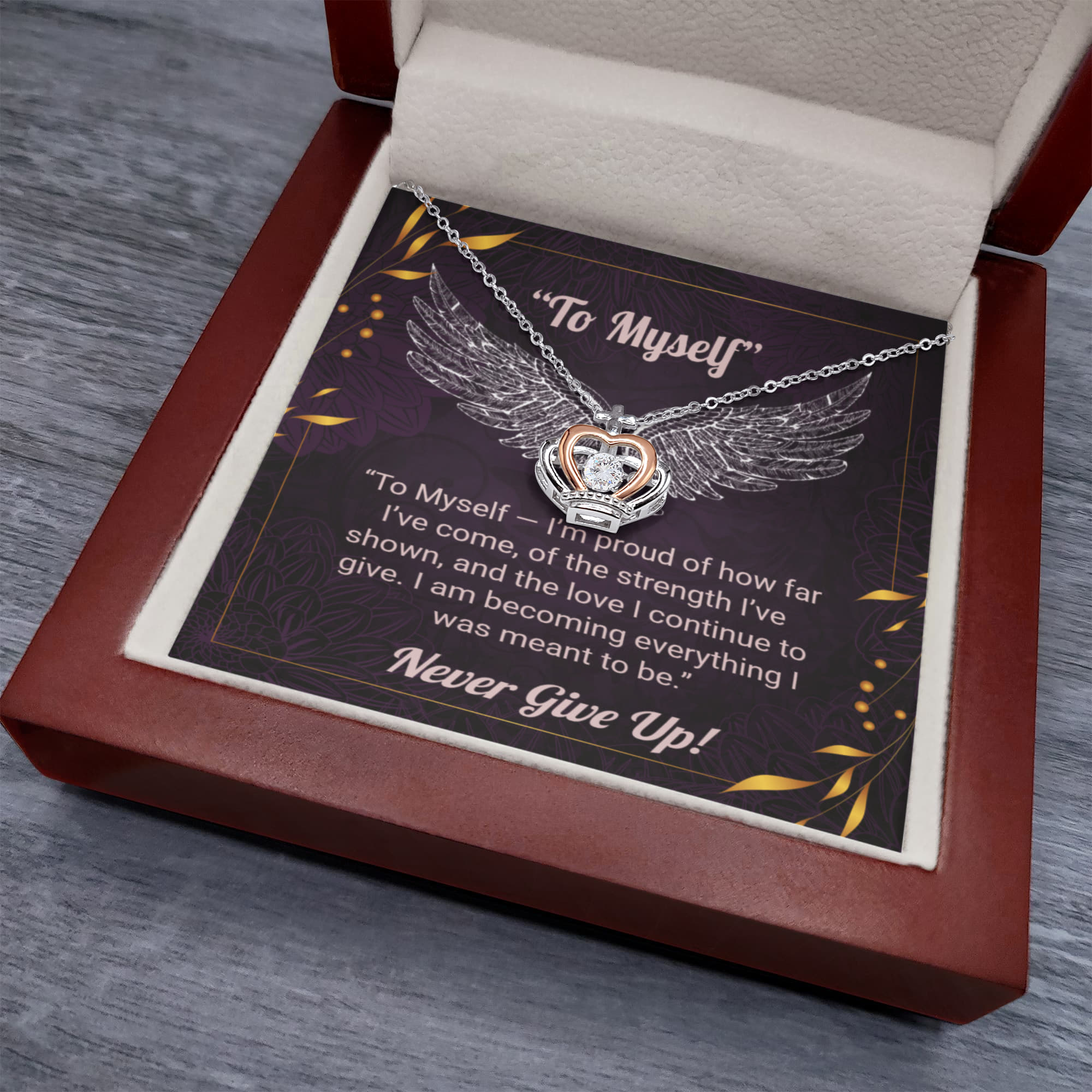 Elegant Crown Pendant Necklace – “To Myself” Self-Love Message Gift