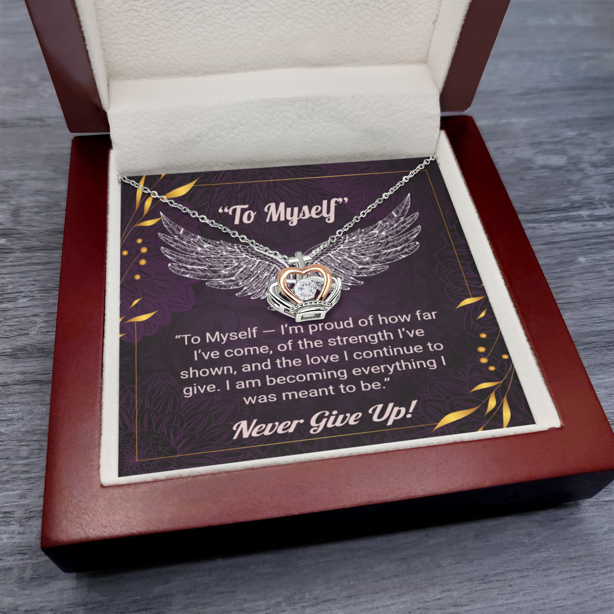 Elegant Crown Pendant Necklace – “To Myself” Self-Love Message Gift