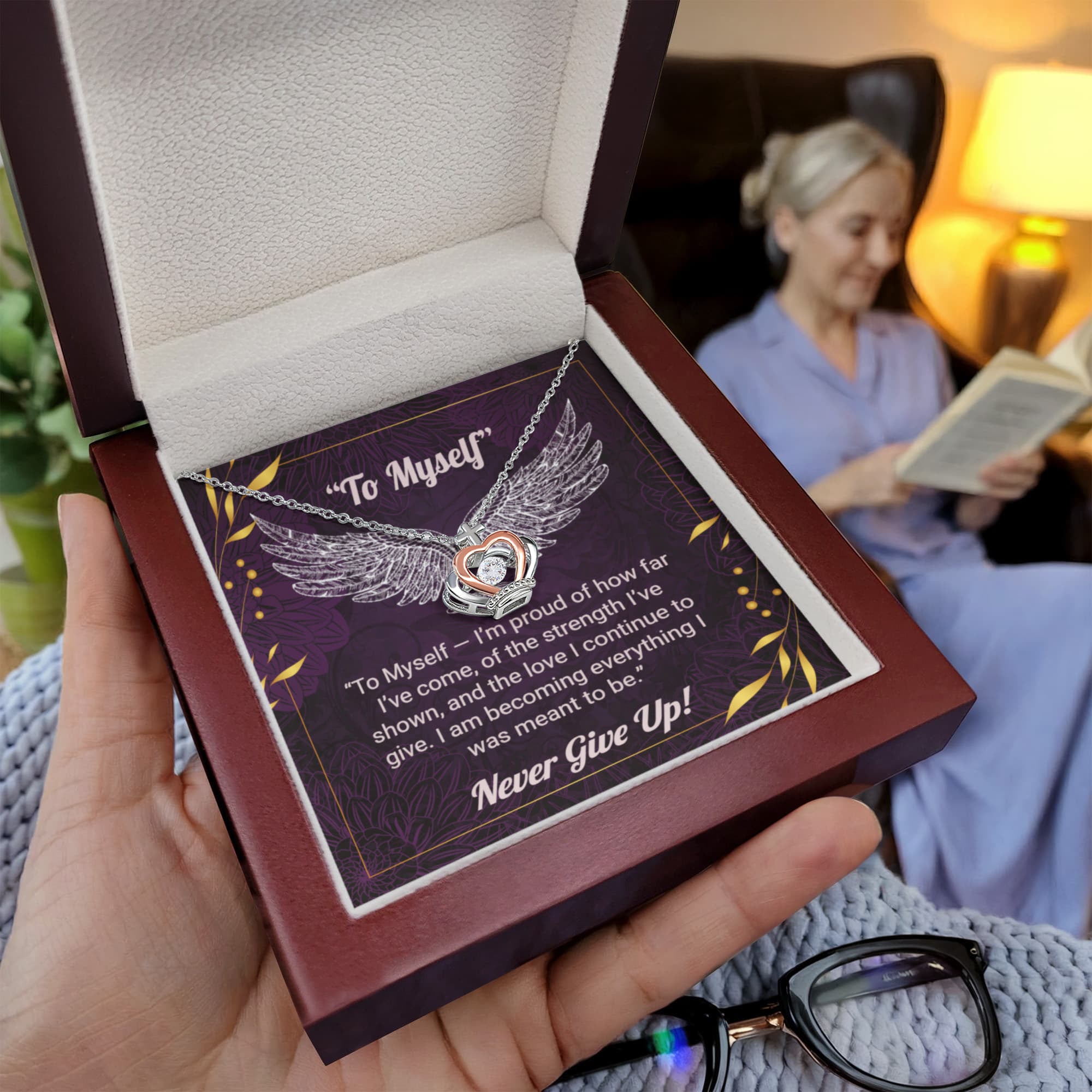 Elegant Crown Pendant Necklace – “To Myself” Self-Love Message Gift