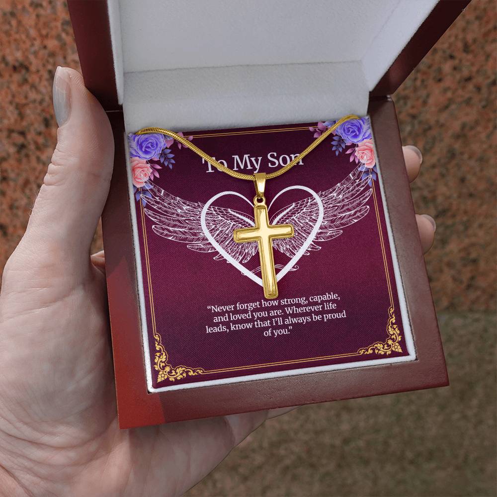 Elegant Pendant – “To My Son” . Artisan Cross Necklace with Snake Chain