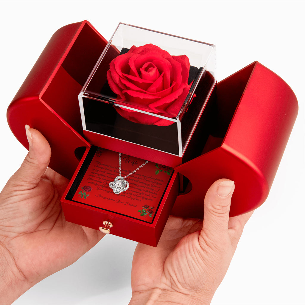 ''To My Lovely Wife'' Love Knot Necklace with Red Heart Rose Box