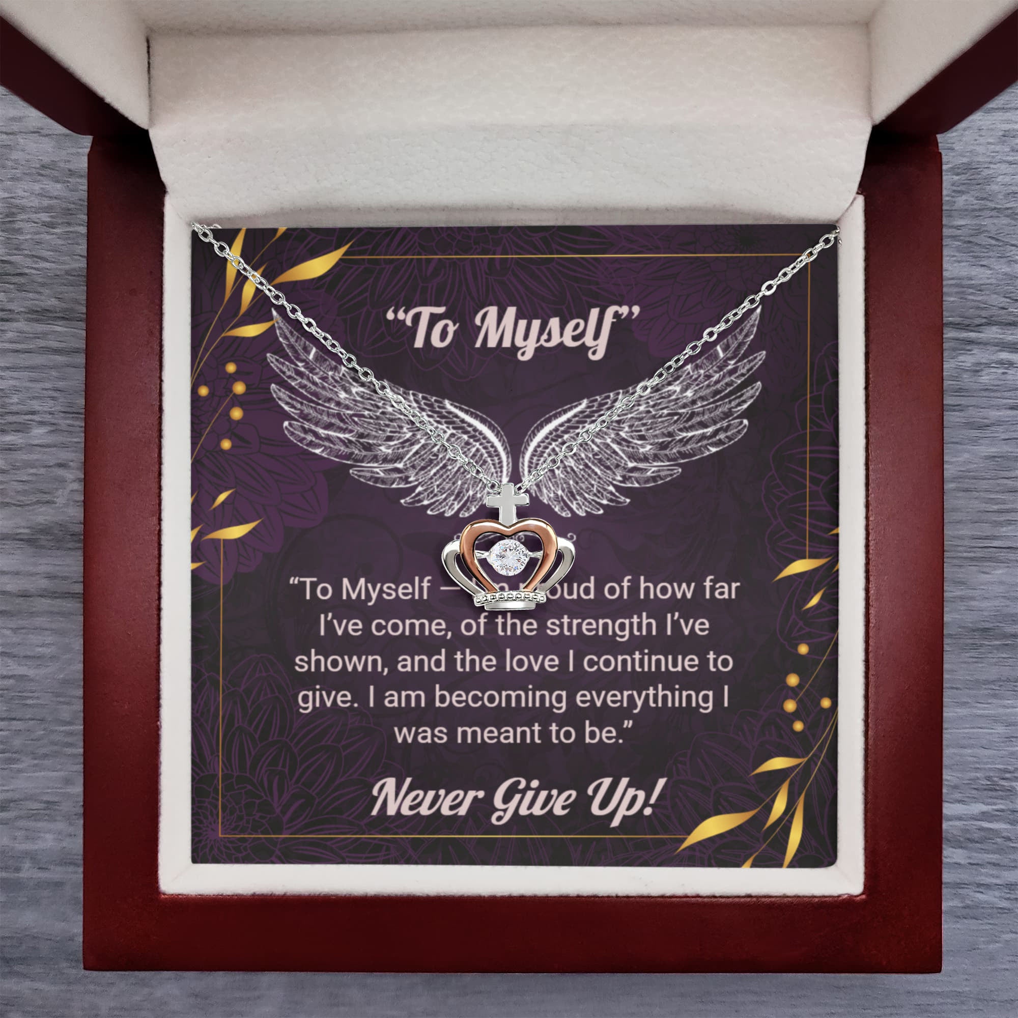 Elegant Crown Pendant Necklace – “To Myself” Self-Love Message Gift