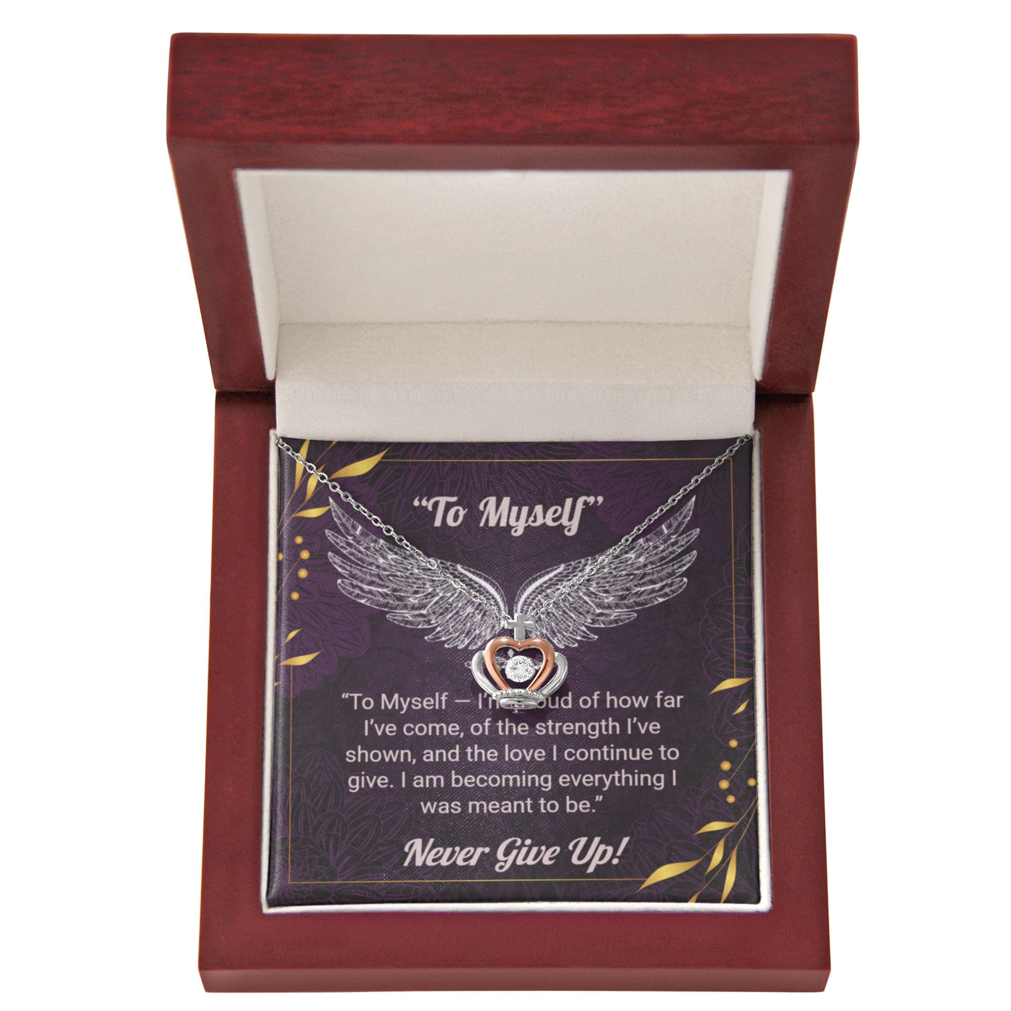Elegant Crown Pendant Necklace – “To Myself” Self-Love Message Gift