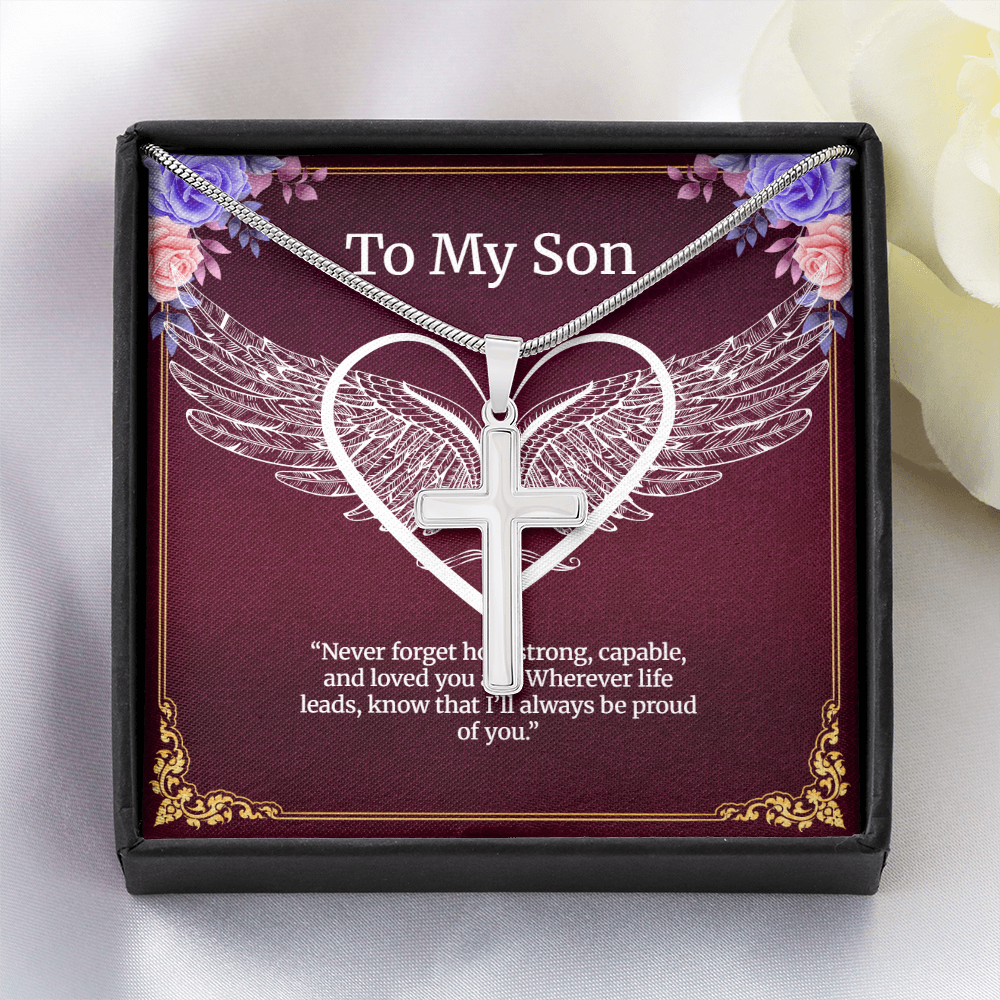Elegant Pendant – “To My Son” . Artisan Cross Necklace with Snake Chain