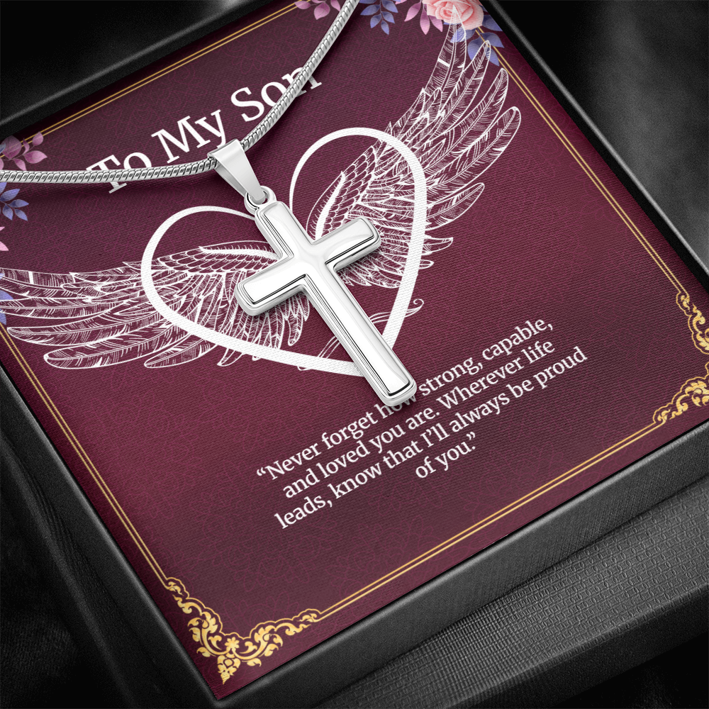 Elegant Pendant – “To My Son” . Artisan Cross Necklace with Snake Chain