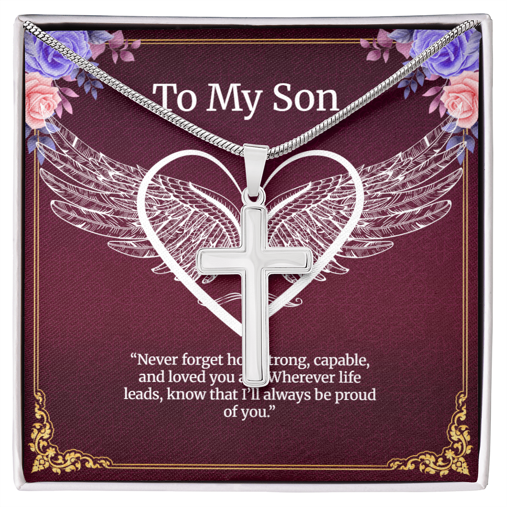 Elegant Pendant – “To My Son” . Artisan Cross Necklace with Snake Chain