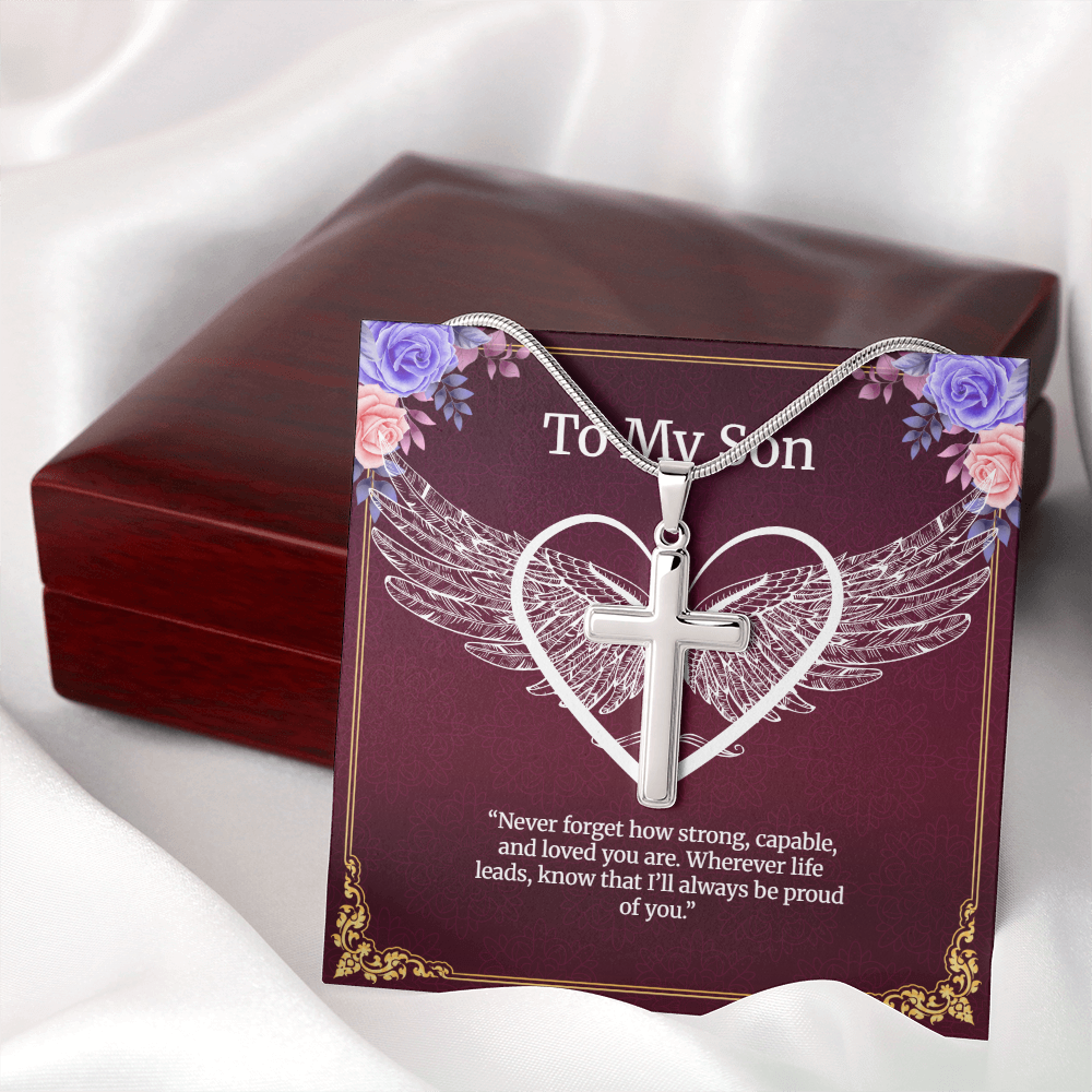 Elegant Pendant – “To My Son” . Artisan Cross Necklace with Snake Chain