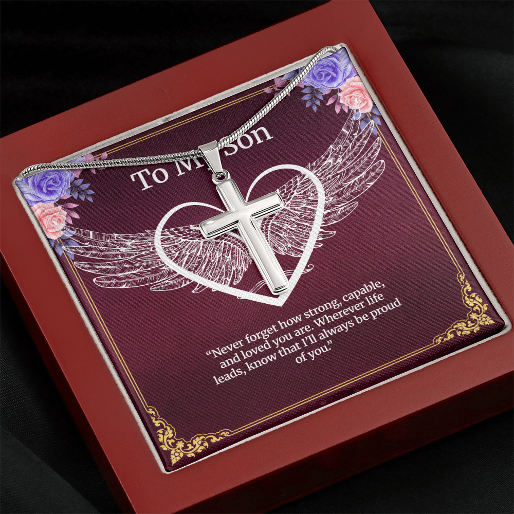 Elegant Pendant – “To My Son” . Artisan Cross Necklace with Snake Chain