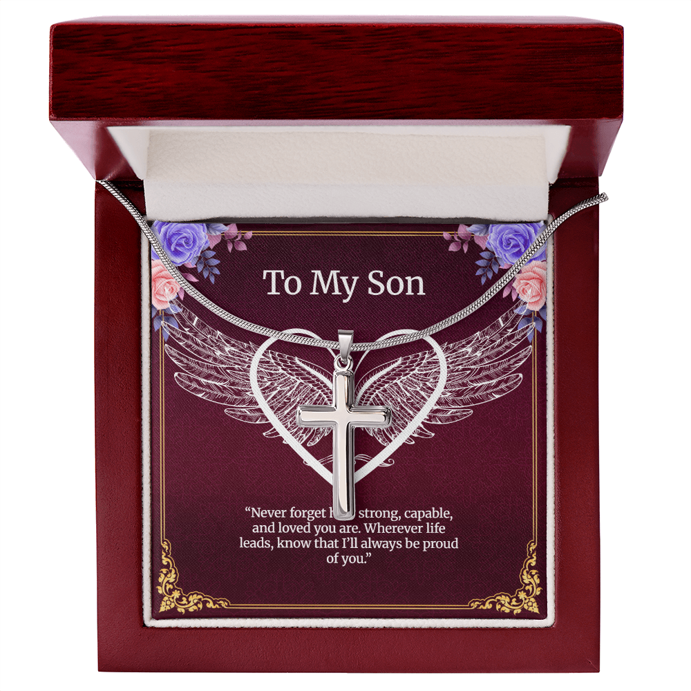Elegant Pendant – “To My Son” . Artisan Cross Necklace with Snake Chain