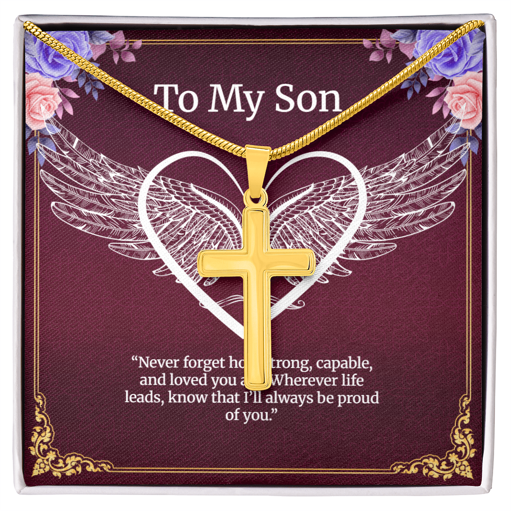 Elegant Pendant – “To My Son” . Artisan Cross Necklace with Snake Chain