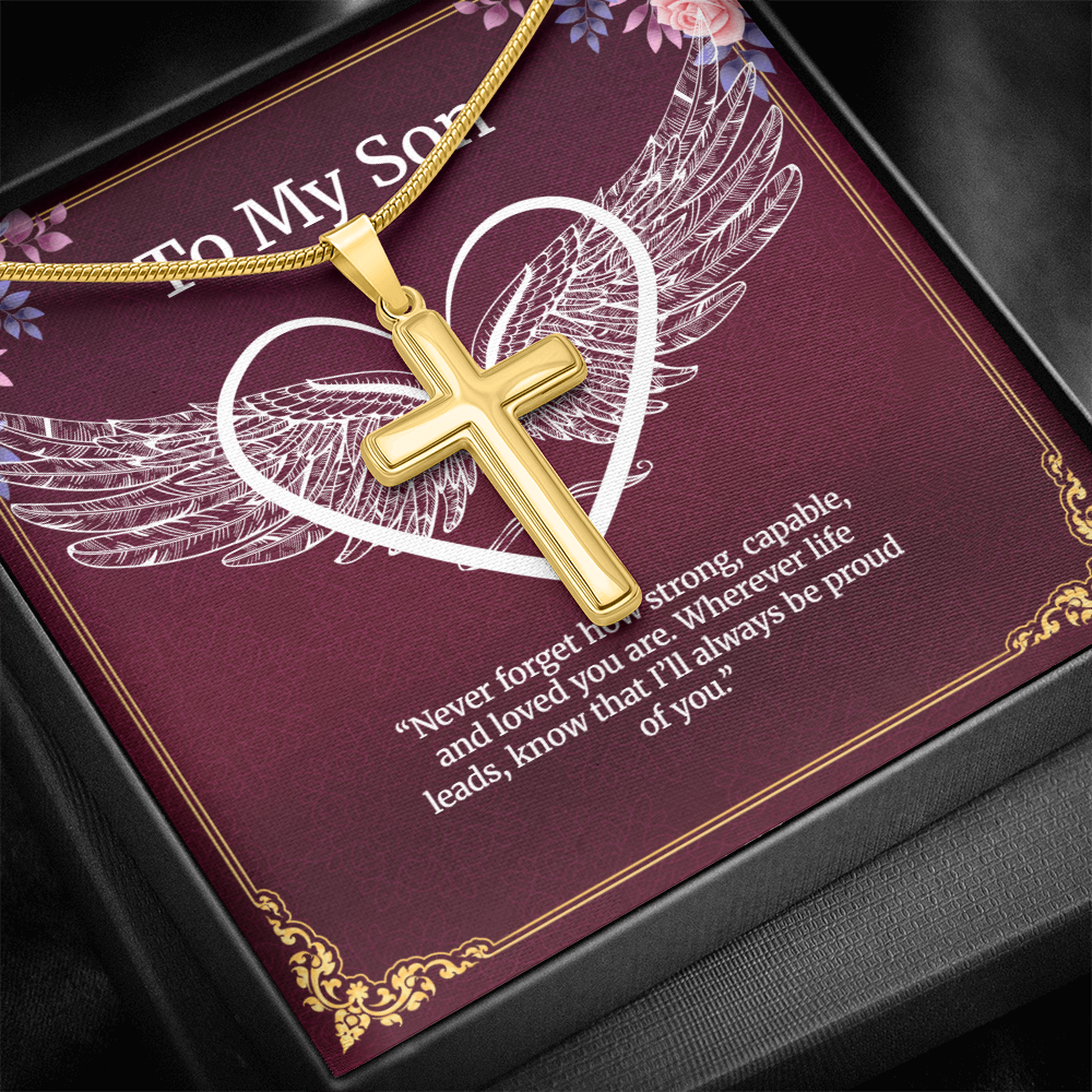 Elegant Pendant – “To My Son” . Artisan Cross Necklace with Snake Chain