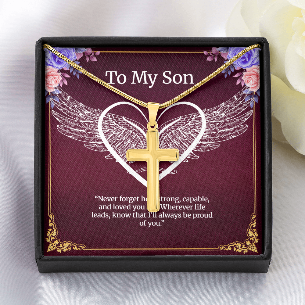 Elegant Pendant – “To My Son” . Artisan Cross Necklace with Snake Chain