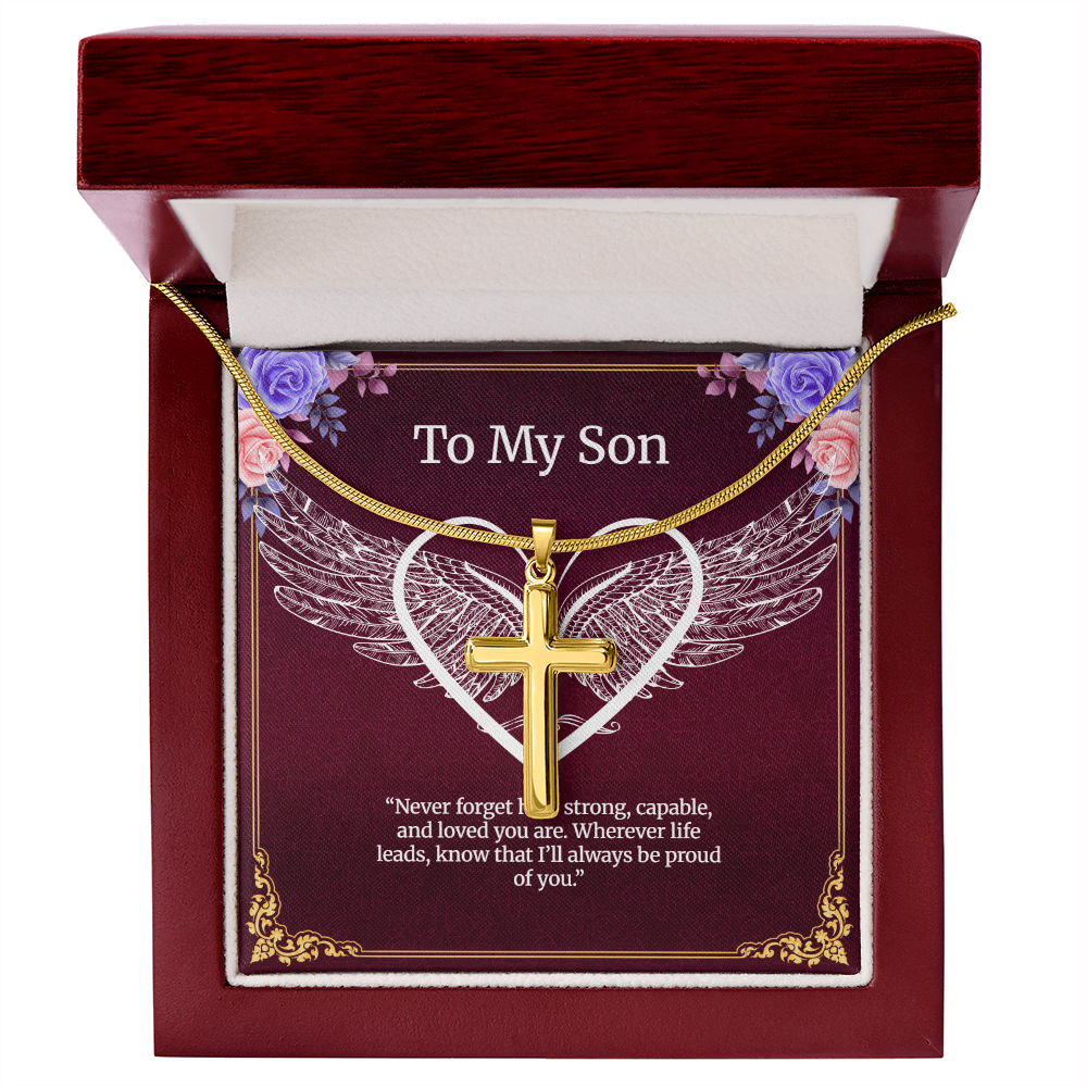 Elegant Pendant – “To My Son” . Artisan Cross Necklace with Snake Chain