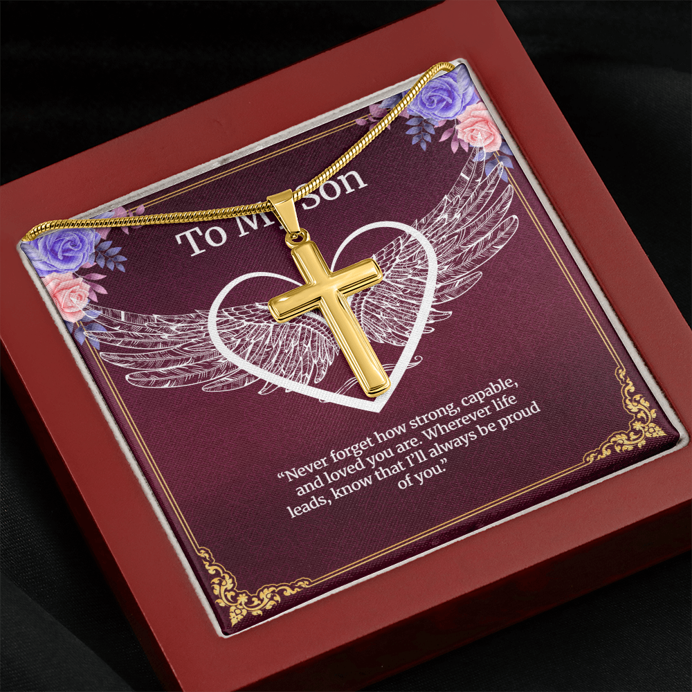 Elegant Pendant – “To My Son” . Artisan Cross Necklace with Snake Chain
