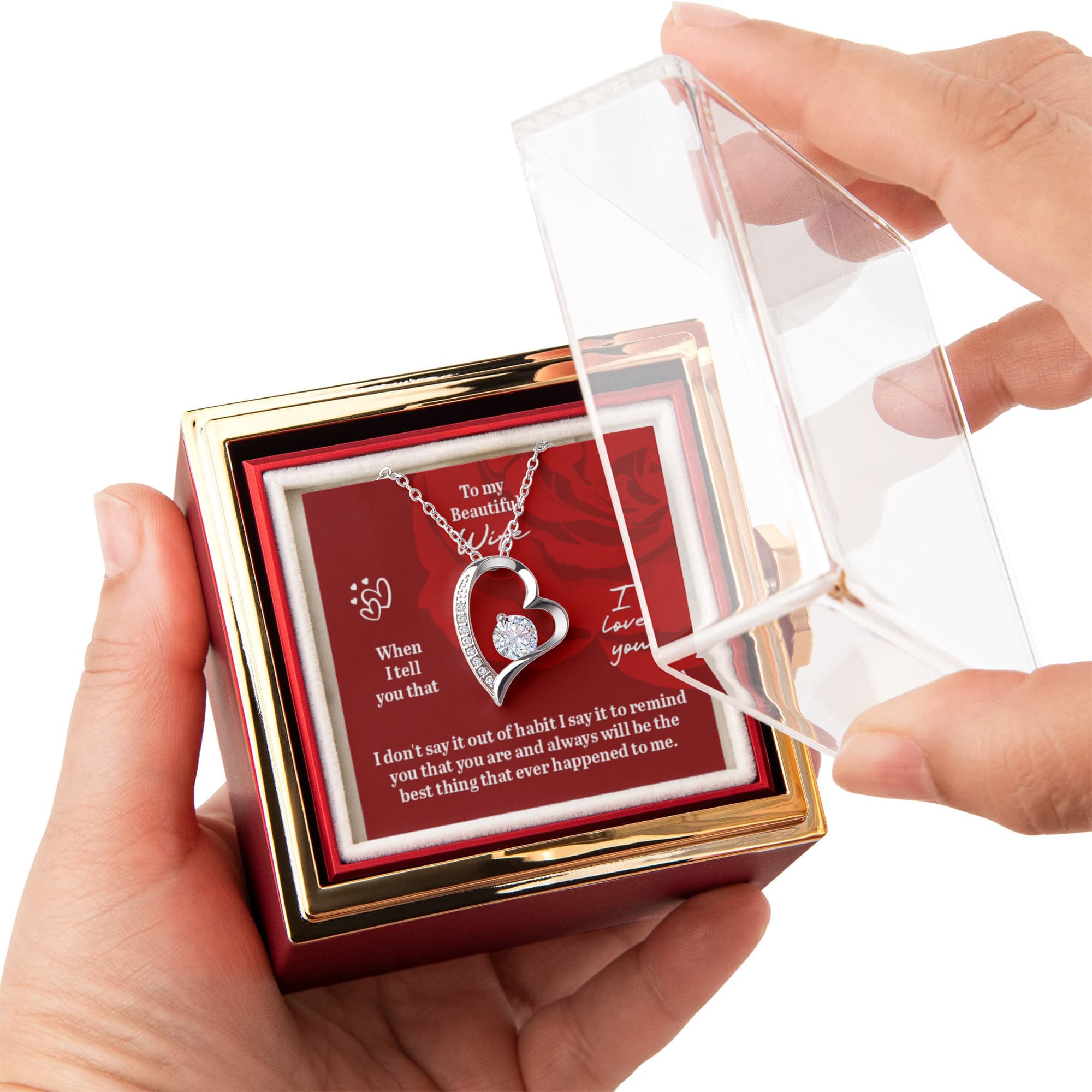 To My Beautiful Wife. Forever Love Necklace with Rotating Rose Gift Box