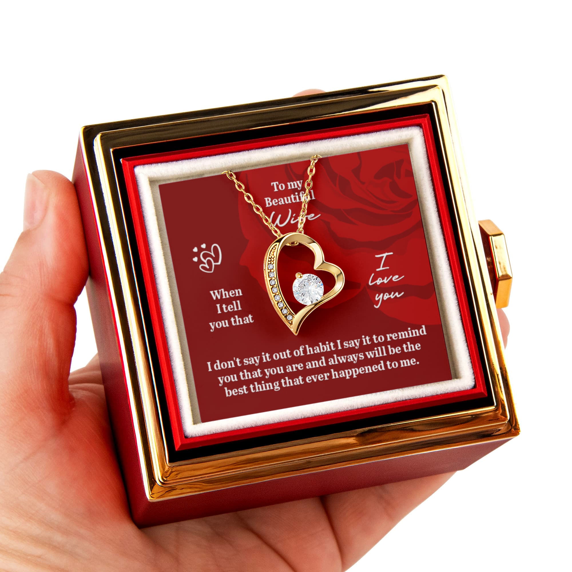 To My Beautiful Wife. Forever Love Necklace with Rotating Rose Gift Box